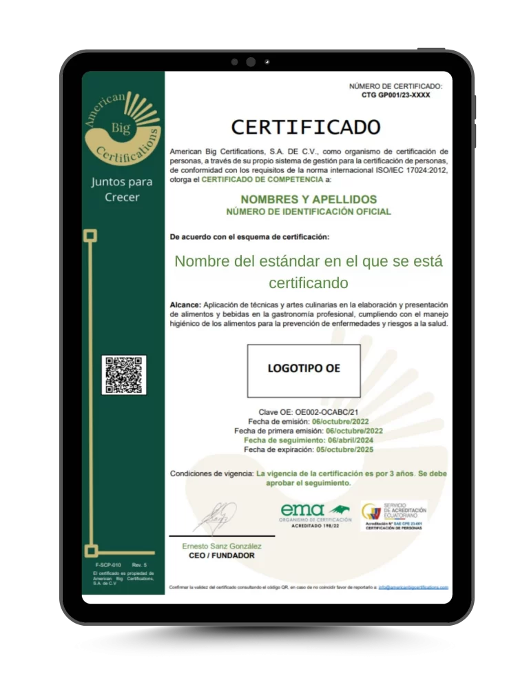 ejemplo de certificado de American Big certifications Certificación De Competencias De Las Personas ISO/IEC 17024:2012