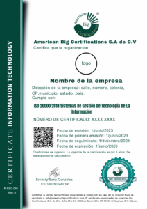 Certificado ISO 200002018 Sistemas De Gestión De Tecnología De La Información