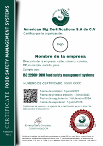 certificado ISO 22000 2018 Food safety management systems